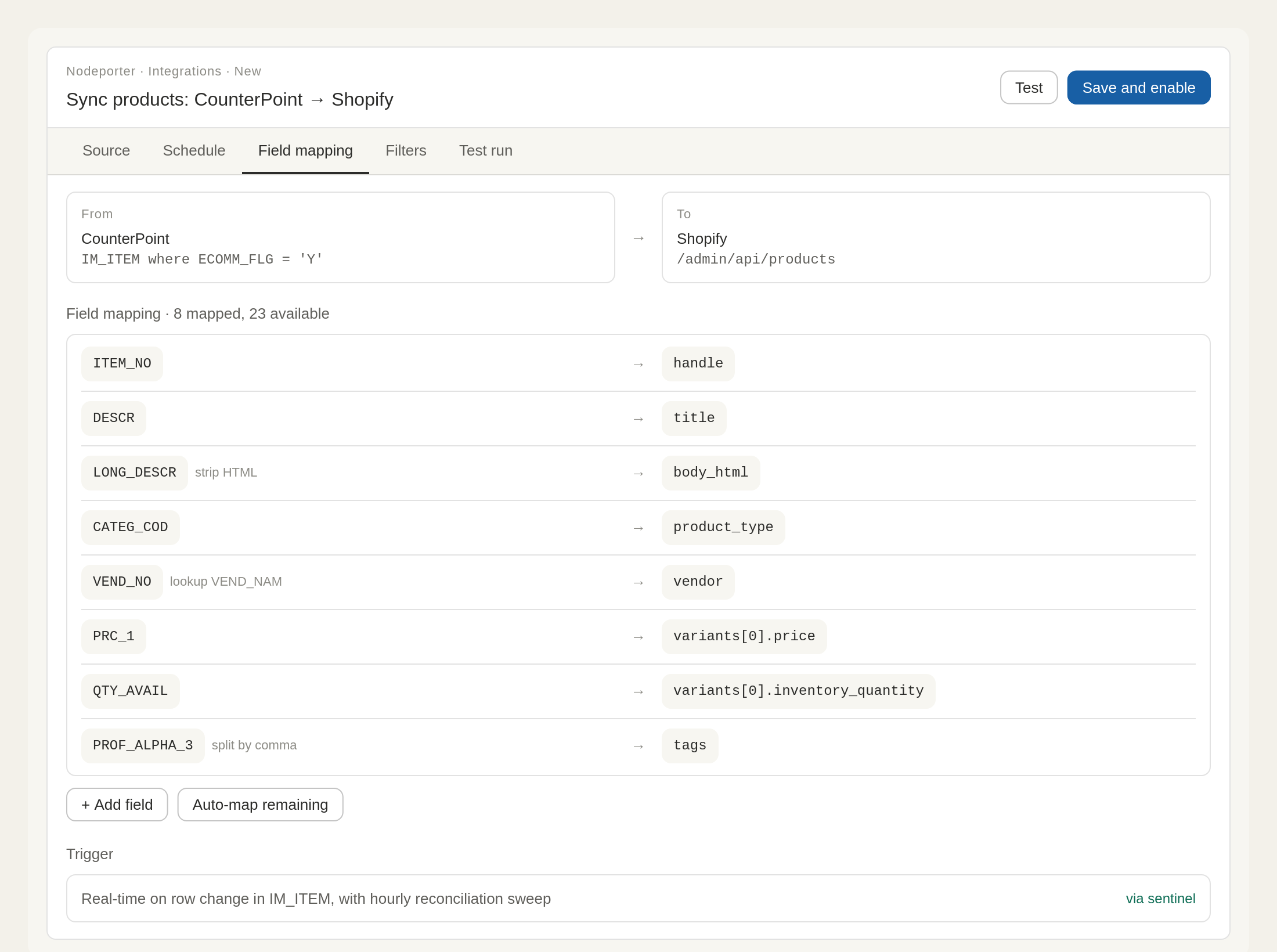 Field mapping configuration screen for Sync products template