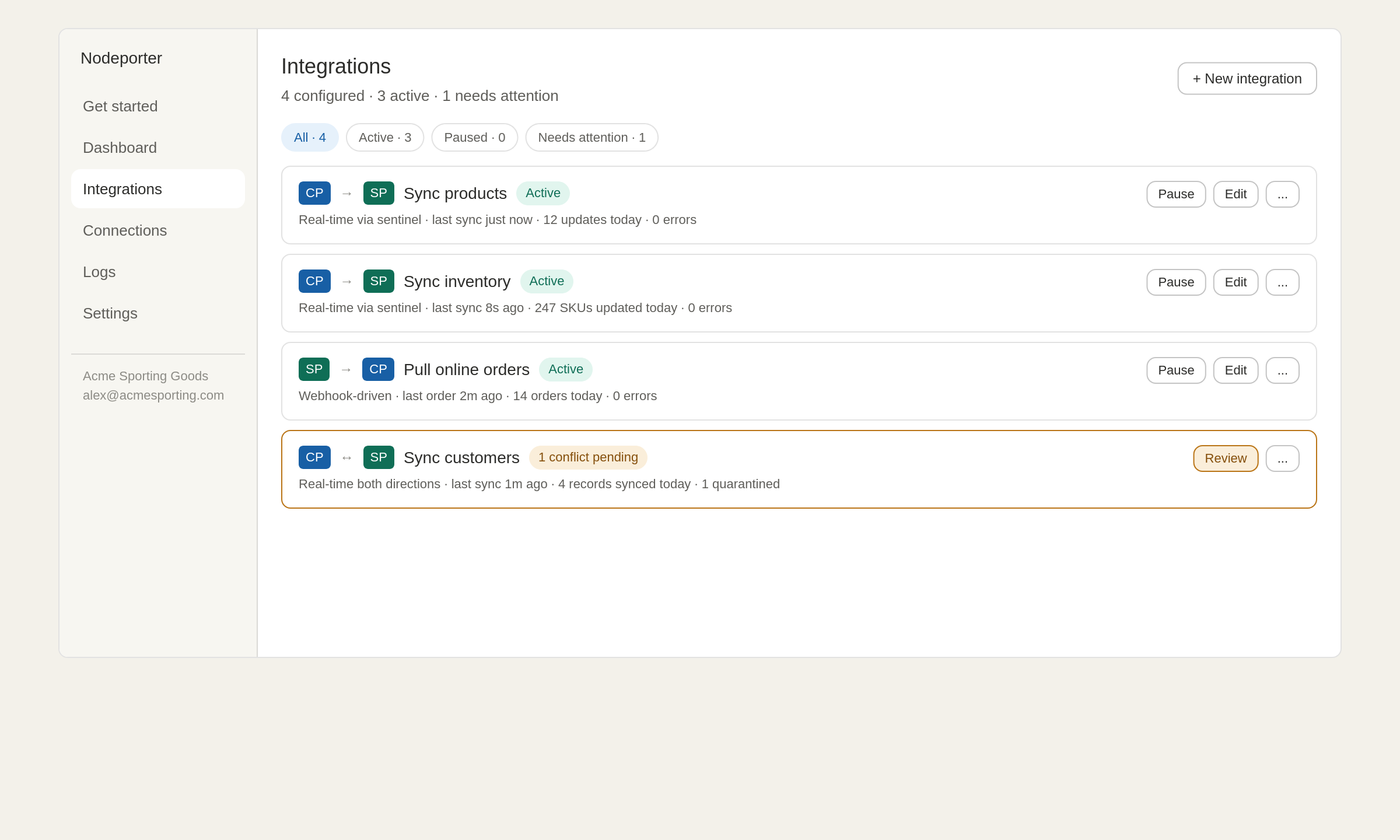 Live integrations list with health status